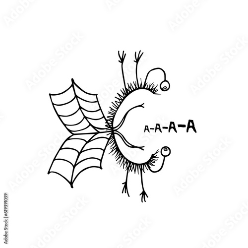 Vector card with hand drawn cute funny monster, shouting vigorously. Graphic style, ink drawing. Beautiful decoration design elements