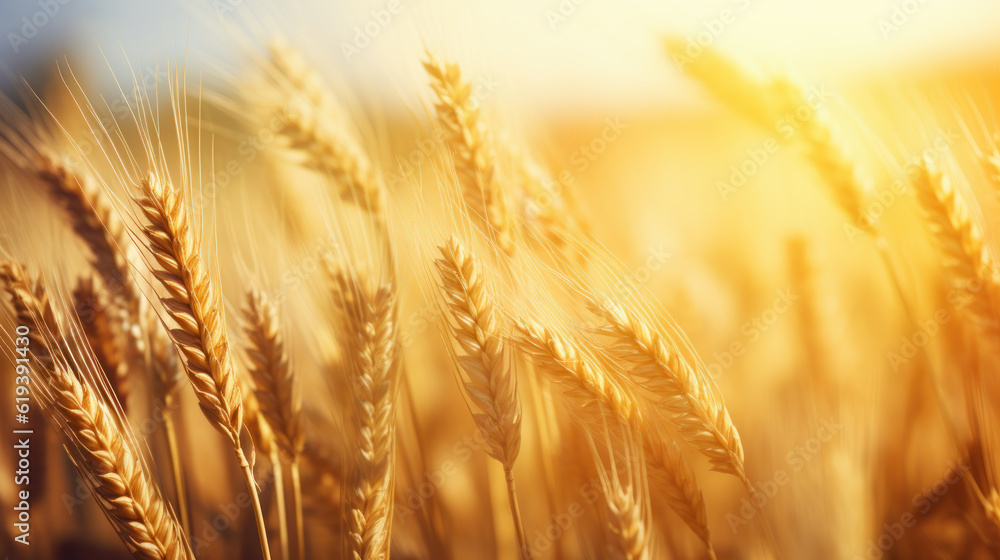 wheat spikes on wheat field with golden light
