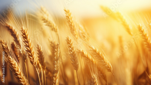 wheat spikes on wheat field with golden light