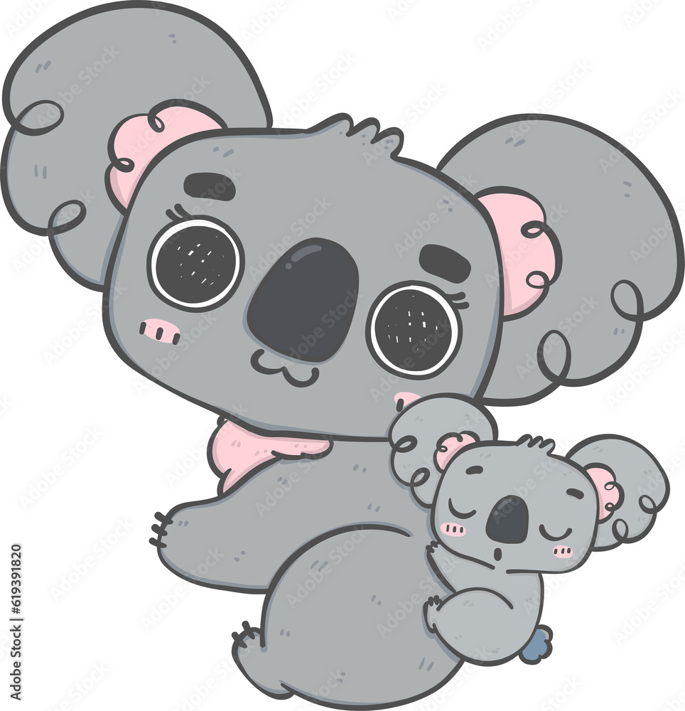 Fototapeta premium Sweet Mother's Day Koala Hug . Adorable Cartoon Hand Drawing Illustrating Love and Affection Between Mother and Baby Koala