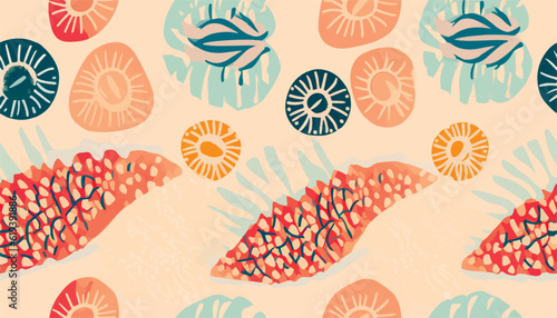 Bright abstract botanical shapes ethnic style pattern. Collage floral contemporary print. Fashionable template for design.