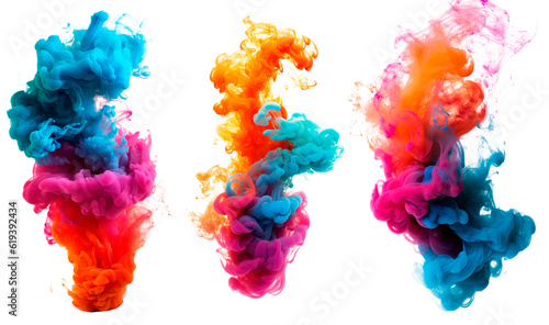 Photographie a set of multi colored smoke bomb explosion emitting clouds on transparent backg