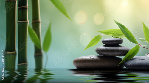 Colorful background with bamboo leaves and stones, spiritual development new quality universal colorful technology stock image illustration design, generative ai