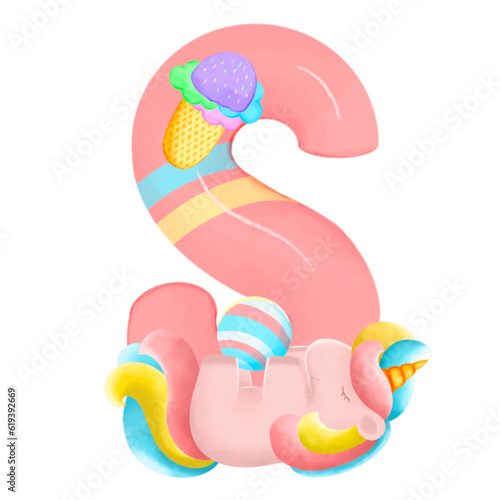 Alphabet with cute unicorn, font in hand-drawn cartoon style. illustration png for your design
