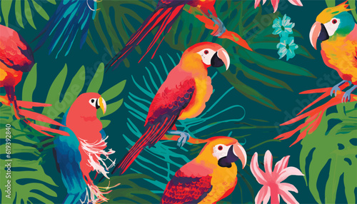 Exotic abstract tropical pattern with parrots. Colorful botanical abstract contemporary seamless pattern. Hand drawn unique print.