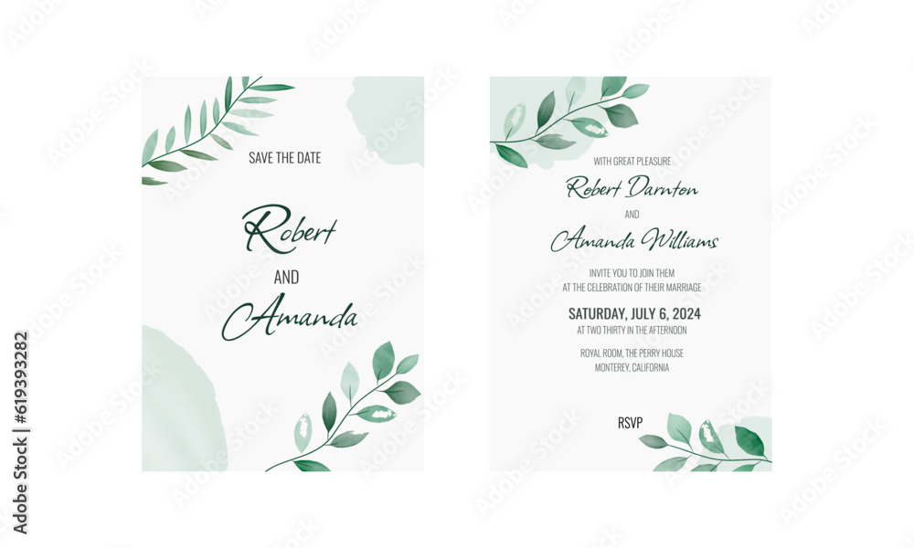 Rustic wedding invitation, green leaves in watercolor style