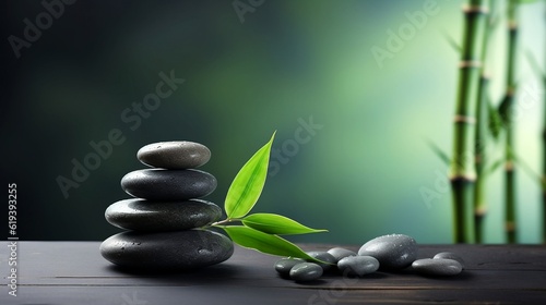 Colorful background with bamboo leaves and stones  spiritual development new quality universal colorful technology stock image illustration design  generative ai