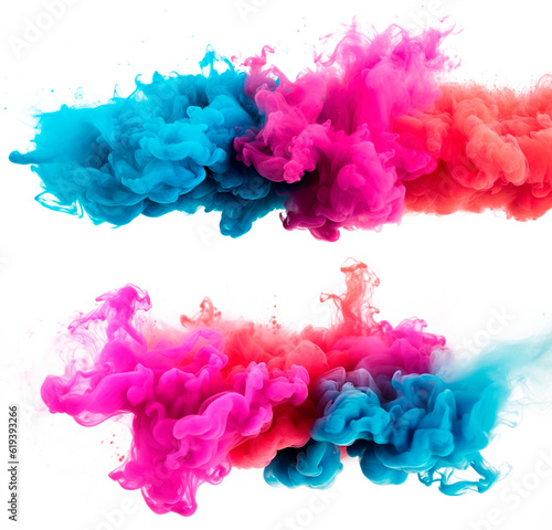 a set of multi colored smoke bomb explosion clouds on transparent background