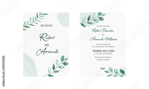 Rustic wedding invitation, green leaves in watercolor style © Valeriya