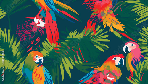 Exotic abstract tropical pattern with parrots. Colorful botanical abstract contemporary seamless pattern. Hand drawn unique print.