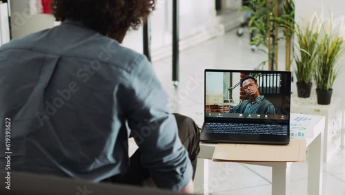 Wallpaper Mural Diverse people meeting on online call, consultant using videoconference chat to present small business vision. Young employee talking to coworker on remote telework videocall. Tripod shot. Torontodigital.ca
