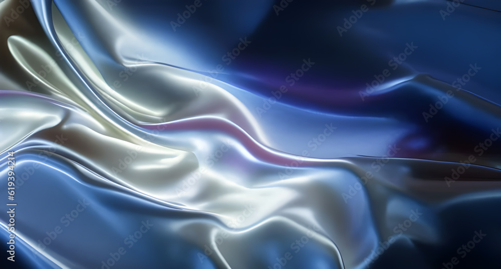 background with folds of silver silk with blue soft glow in the dark. generative ai