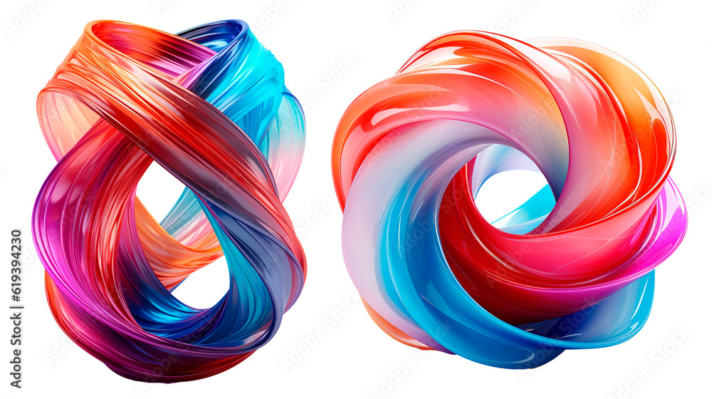 a set of colorful mesmerizing abstract dynamic flow shape design elements on transparent background
