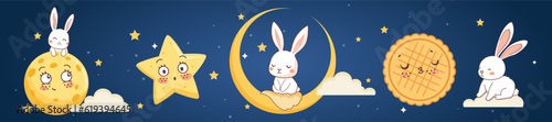 Happy Mid autumn festival with rabbit, cake and stars, vector illustration.