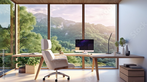 Side view on modern home office table with computer, chair and big window., AI Generative