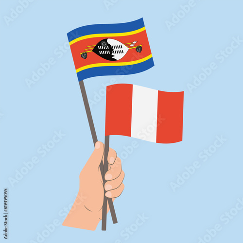 Flags of Eswatini and Peru, Hand Holding flags