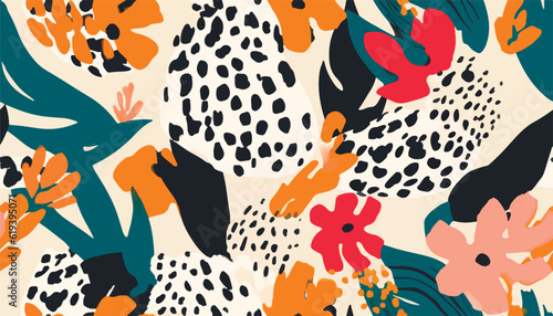 Abstract tropical floral print with leopard skin. Cute botanical abstract contemporary seamless pattern. Hand drawn unique print.