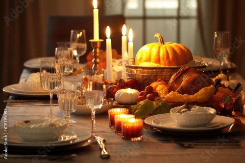 Thanksgiving dinner with turkey. Autumn table setting with pumpkins and candles. Fall home decoration. Generative AI