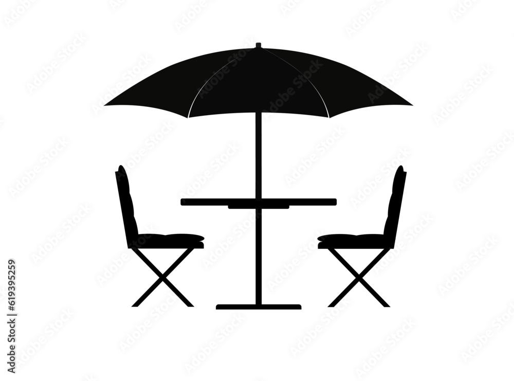 Flat vector icon - street cafe (table, chairs, umbrella). Food and drink