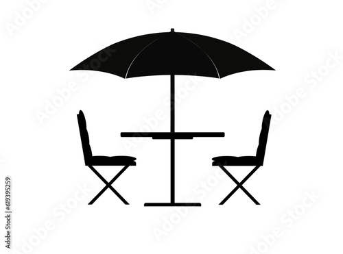 Flat vector icon - street cafe (table, chairs, umbrella). Food and drink