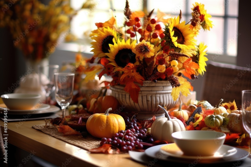Autumn table setting with pumpkins and candles. Fall home decoration. Generative AI