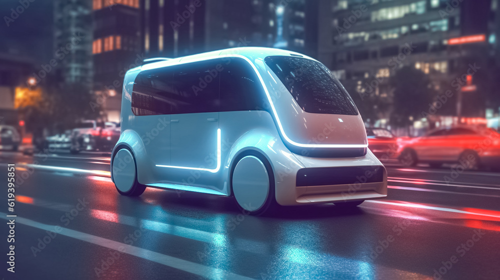 Futuristic Delivery Van at night with motion blur. White cargo van. Logistic, transportation concept. The car is a metallic white color.
