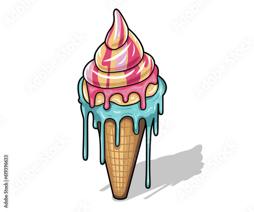 Sweet ice cream melting balls in the waffle cone isolated on background. Vector flat outline icon, label, sticker. Comic character in cartoon style illustration.