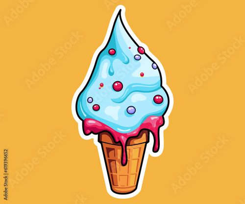 Sweet ice cream melting balls in the waffle cone isolated on background. Vector flat outline icon, label, sticker. Comic character in cartoon style illustration.