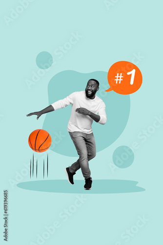 Vertical creative composite photo collage of excited man play basketball dream about professional league isolated on blue color background