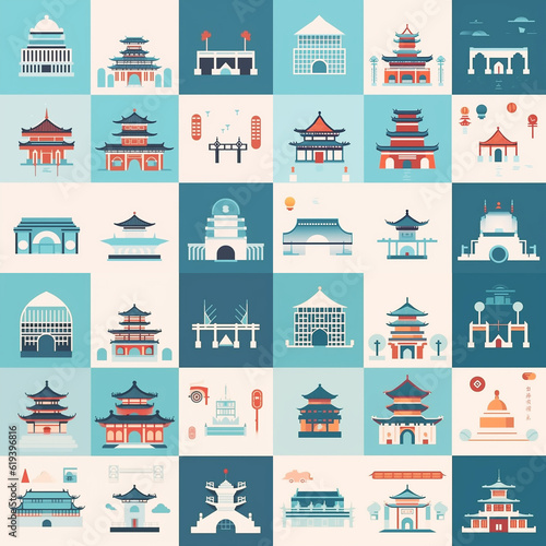 Traditional Asian architecture icons. Generative AI.