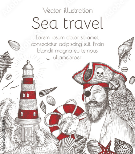 Vector nautical frame in engraving style. Lighthouse surrounded by waves, lifebuoy, shells, pirate with a parrot