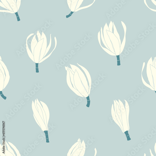 seamless pattern with White champaca, light blue background, Magnolia x alba