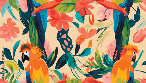 Modern artistic tropical pattern with parrots. Colorful botanical abstract contemporary seamless pattern. Hand drawn unique print.