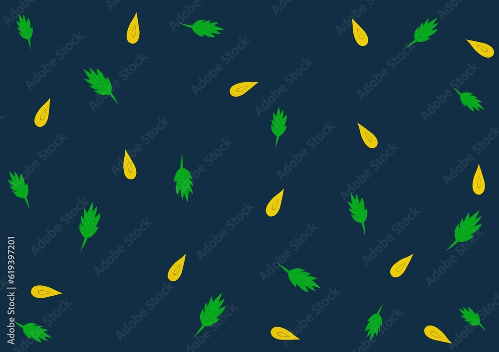 seamless pattern with green and yellow leaves on dark blue background 