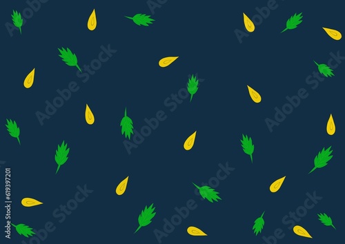 seamless pattern with green and yellow leaves on dark blue background 