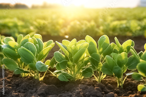 Organic spinach growing in a soil. Growing, harvesting Spinach. Healthy natural food and vegetable background concept. 
