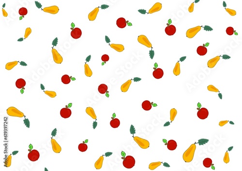 Pattern with red apples and yellow pears on white background