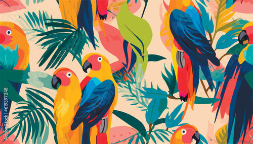 Modern artistic tropical pattern with parrots. Colorful botanical abstract contemporary seamless pattern. Hand drawn unique print.