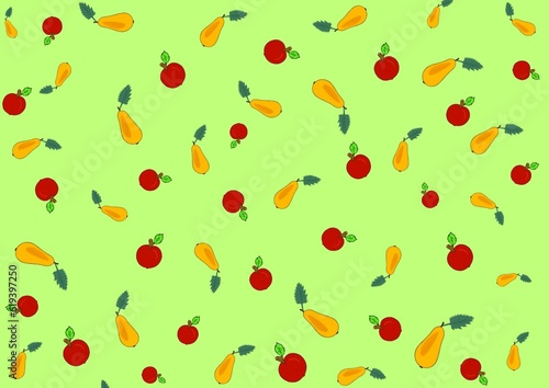 seamless pattern with apples and pears on green background 