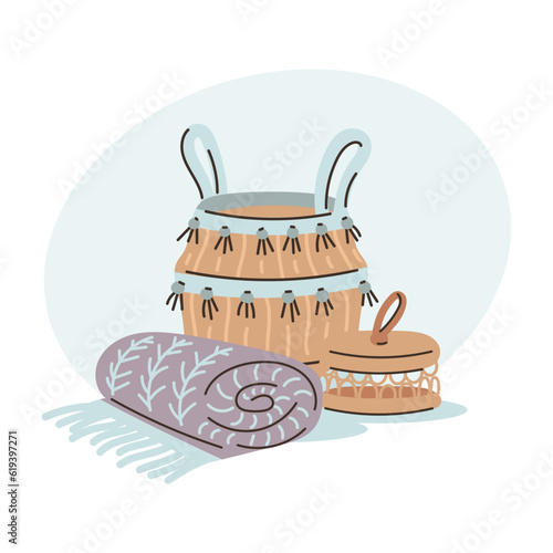 Flat hand drawn vector illustration of wicker goatskin, plaid and casket. Scandinavian style in the interior. Cozy hygge atmosphere at home.