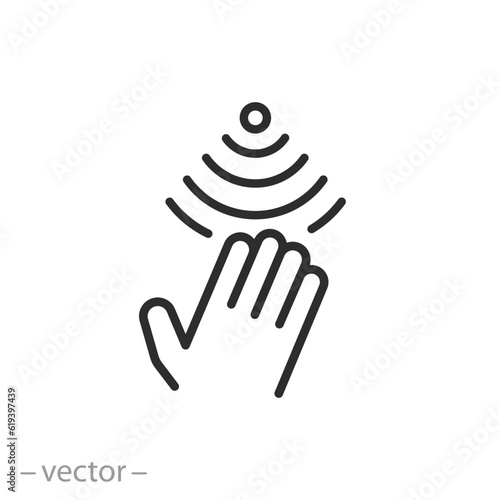 sensor with hand icon, touch movement signal, thin line symbol - editable stroke vector illustration