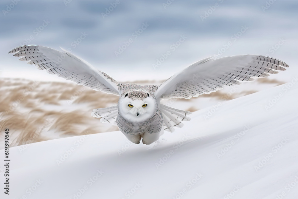 Fototapeta premium Snowy owl (Bubo scandiacus)flies low over an open snowy field. Amazing wildlife. Generative Ai