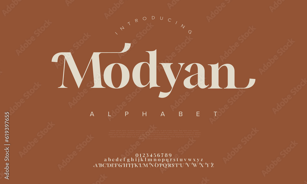 Modyan premium luxury elegant alphabet letters and numbers. Elegant wedding typography classic serif font decorative vintage retro. Creative vector illustration