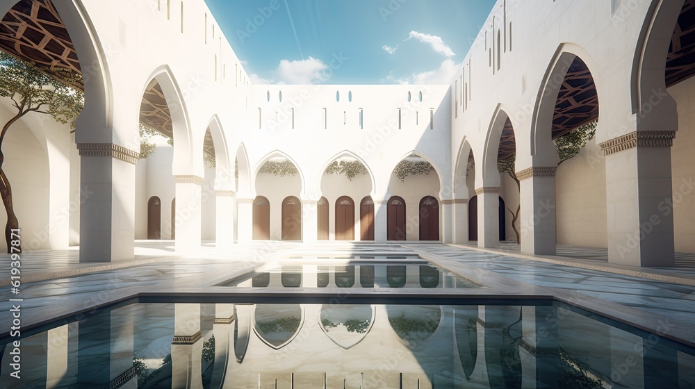 The serene courtyard of the mosque 3d illustration - Generative AI.