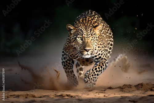 Leopard running toward the camera in the desert. Amazing African Wildlife. Generative Ai © Shootdiem