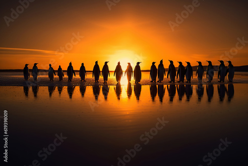 Beautiful image of emperor penguins walking on the beach at sunset. Amazing Wildlife. Generative Ai