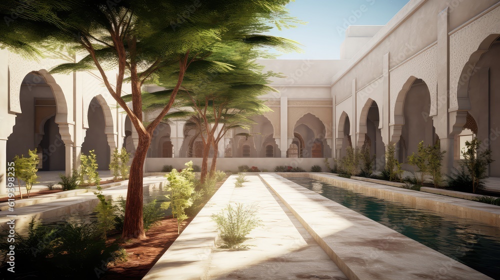 Fototapeta premium The serene courtyard of the mosque 3d illustration - Generative AI.