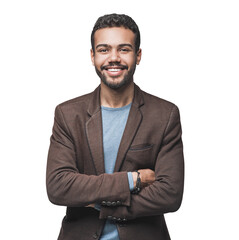 Portrait of handsome smiling young man with folded arms isolated transparent PNG, Joyful cheerful casual businessman with crossed hands studio shot