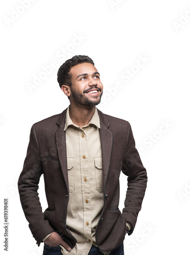 Portrait of handsome smiling young man looking up isolated in transparent PNG. Laughing joyful cheerful men studio shot