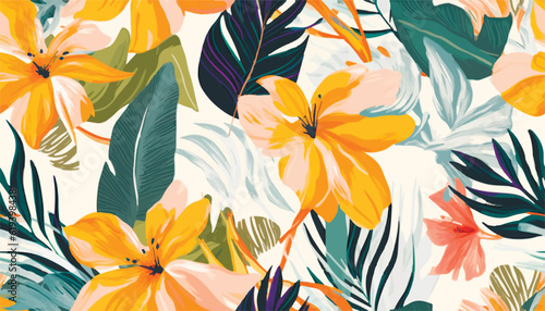 Modern exotic floral jungle pattern. Collage contemporary seamless pattern. Hand drawn cartoon style pattern.